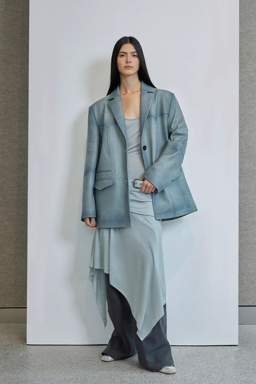 Custom-Dyed Washed Spray-Color Goat Leather Genuine Leather Blazer for Women, Vintage-Finish Leather Jacket “Nostalgic Denim”