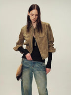 Women's imported first-layer suede sheepskin short autumn leather jacket-3
