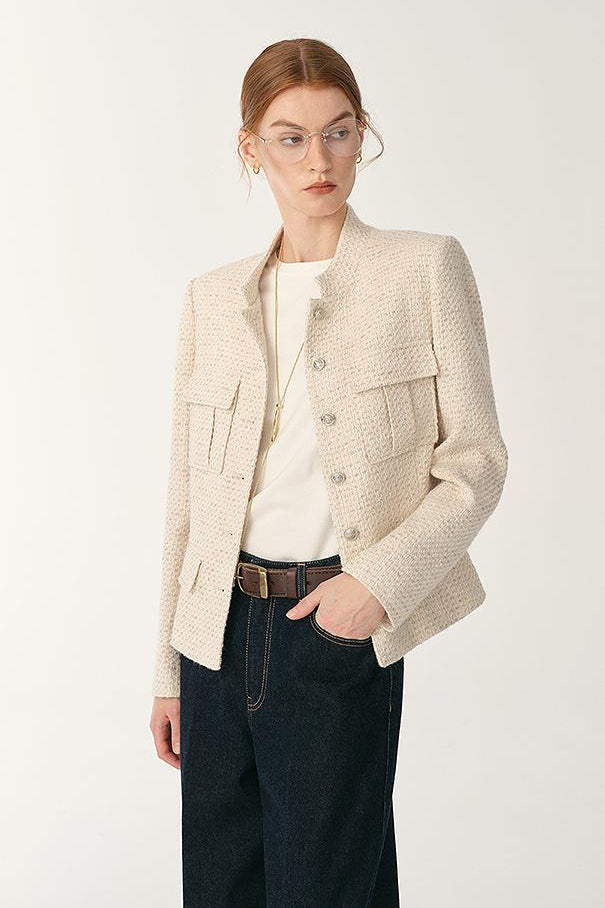 Heavy wool blend tweed stand collar waist cropped coat-0