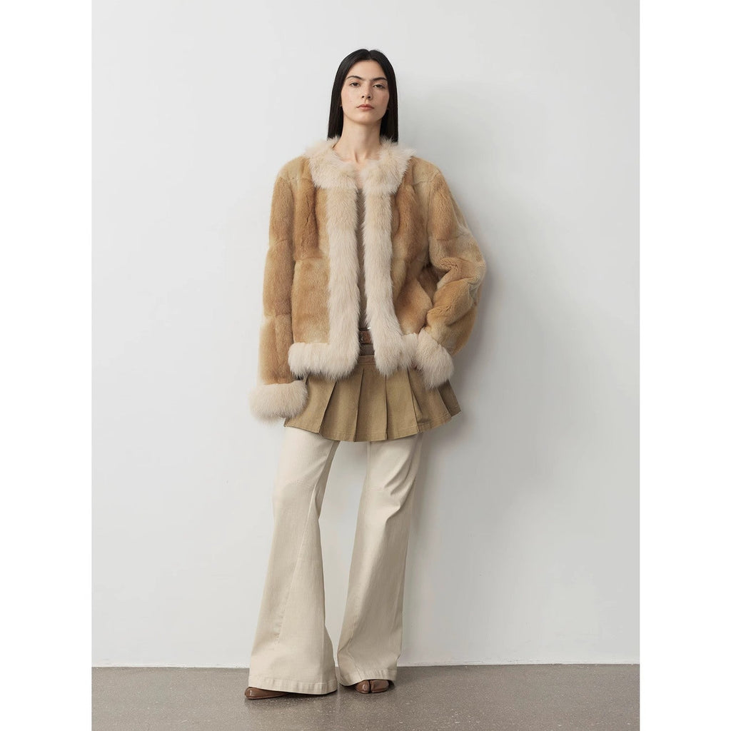Fireladyfur Women's  Blue Mink & Fox Fur Patchwork Coat "Casual Gene"-0