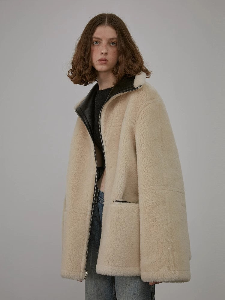 Fireladyfur Women's Faux Leather Shearling Jacket - Short Lapel Wool Coat Vintage-3