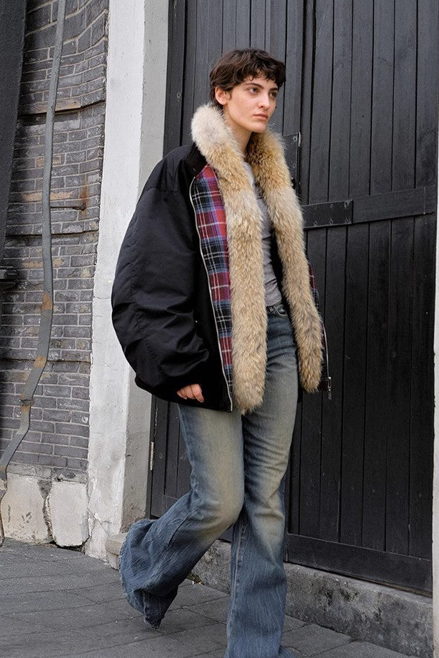 Fireladyfur Lightweight Parka with Detachable Wolf Fur Collar“Urban Warmth Walk”-2