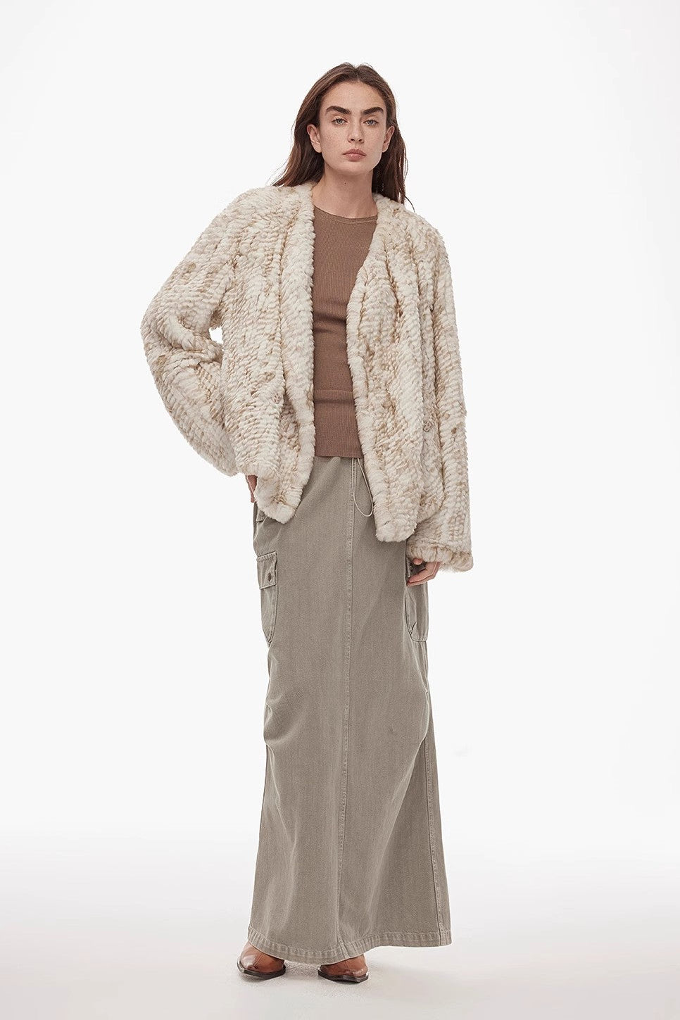 "Inspiration Glimpse" lapel double-breasted loose woven Rex rabbit fur coat for women in winter-0