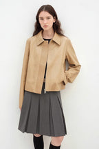 "Miss Sven" Lapel Two-tone Wax Sheepskin Short Jacket Leather Coat Women-0