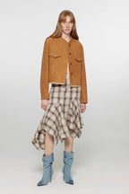 Retro Suede Sheep Leather Short Jacket with Structured Shoulders and Round Neck, Genuine Leather Outerwear "Sunset Escape"-0