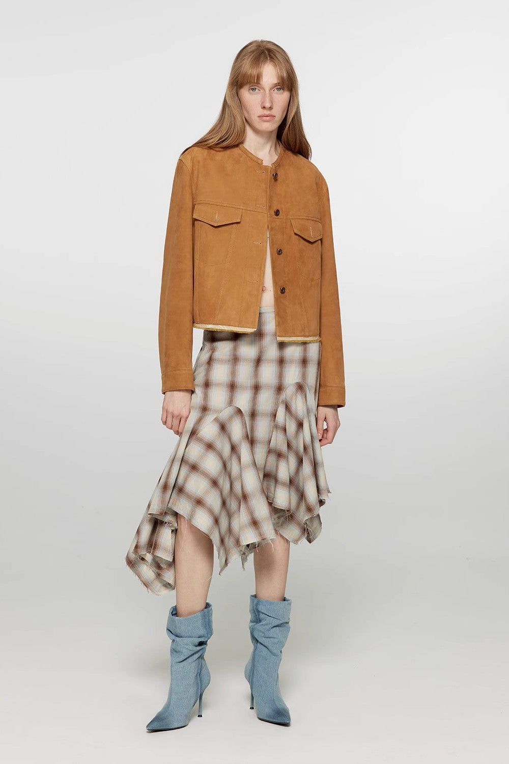 Retro Suede Sheep Leather Short Jacket with Structured Shoulders and Round Neck, Genuine Leather Outerwear "Sunset Escape"-0