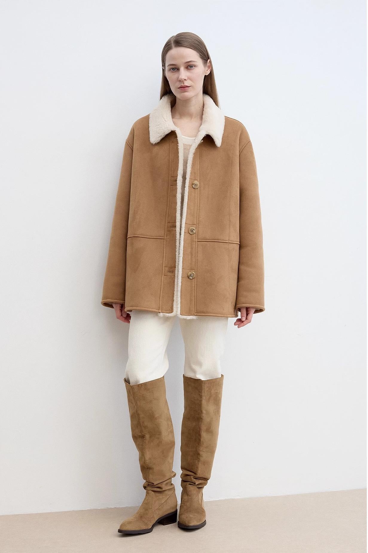 Fireladyfur Women's Faux Leather Shearling Jacket - Casual Furry Lapel Wool Coat-1