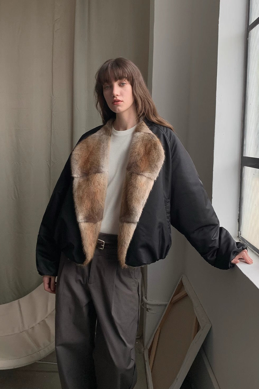 Fireladyfur Women’s Short Colorblock Parka with Sable Mink Fur Collar and Goose Down“Hull Contract”-3