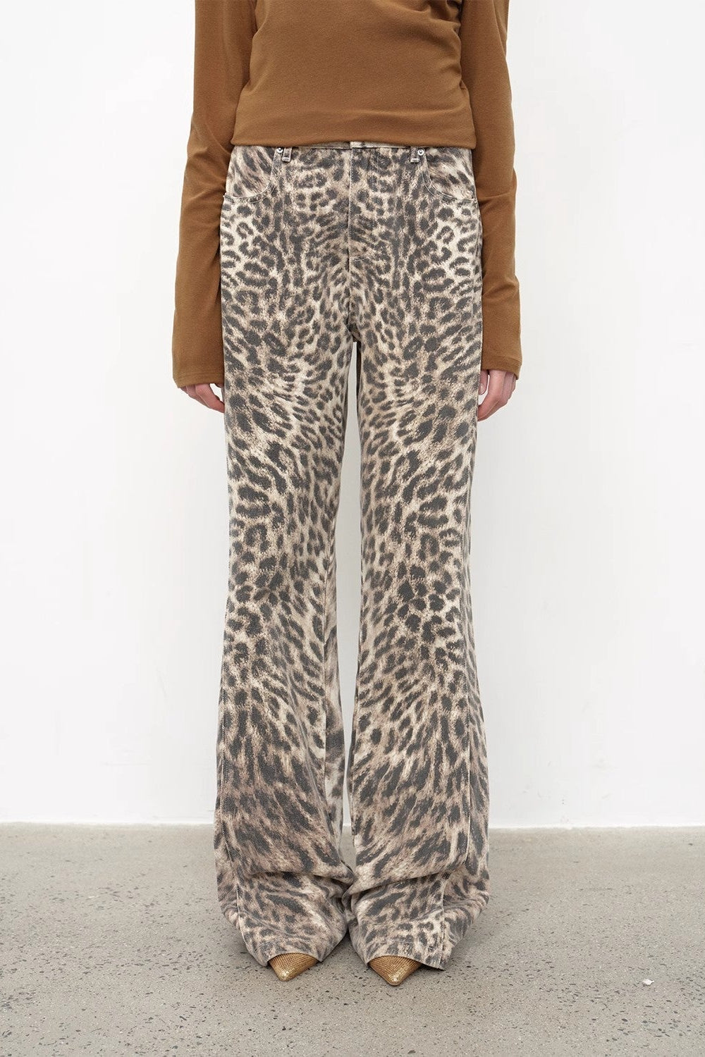 “Wild roar”vintage original leopard print Turkish imported washed slimming straight-leg bootcut jeans-1