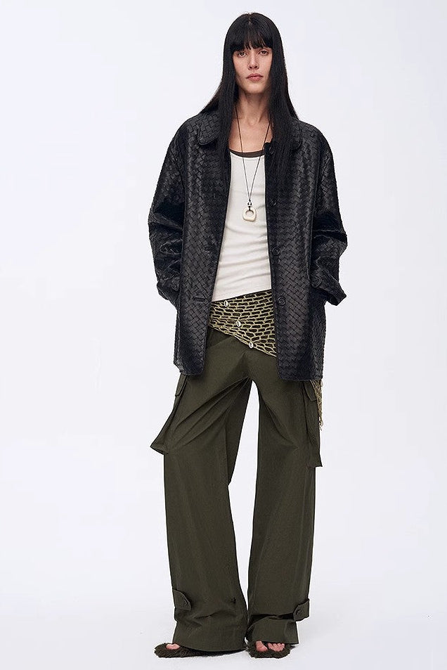 New Zealand imported lambskin perforated woven leather jacket spring"Rembrandt Night"-0