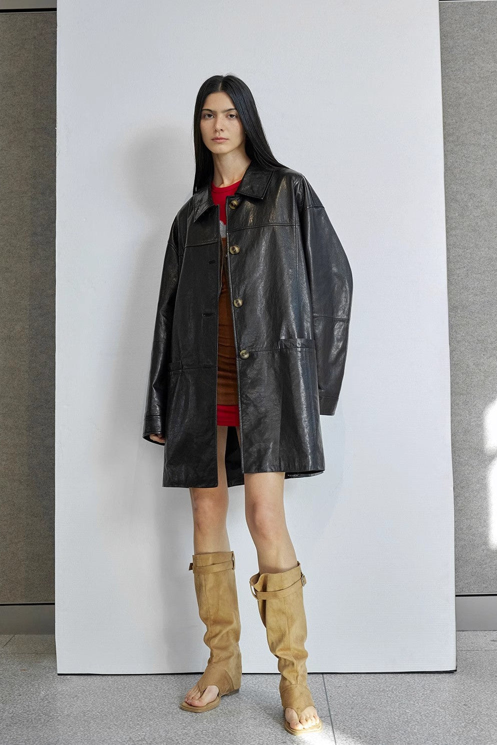 Limited Edition Waxed Goat Leather/Retro Casual Lapel Mid-Length Leather Jacket “Notting Hill Diary”-3
