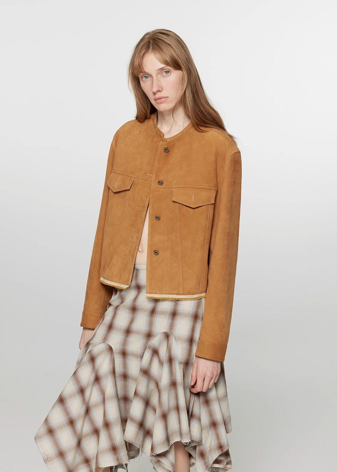 Retro Suede Sheep Leather Short Jacket with Structured Shoulders and Round Neck, Genuine Leather Outerwear "Sunset Escape"-1