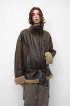 Fireladyfur Women's Shearling Coat - Motorcycle Style Lapel Imported Merino Wool-1