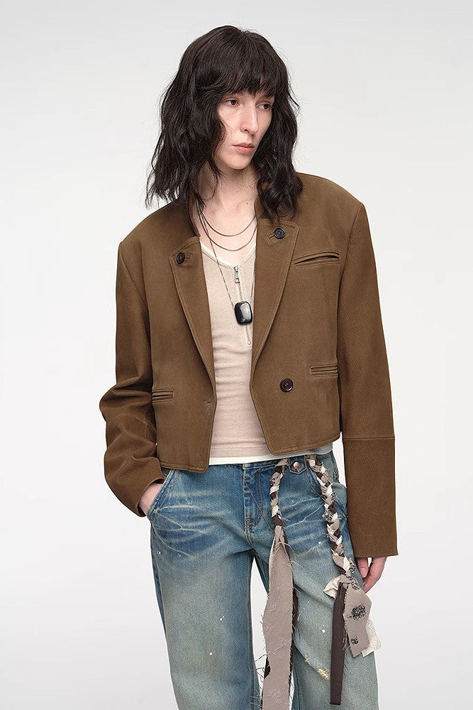 Stand Collar Suit Sheepskin Leather Short Jacket "Roman Story"-0