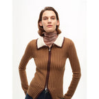 [FF×JW joint striped fabric] Slim-fitting crocheted lapel color-blocked striped comfortable wool knitted cardigan-1