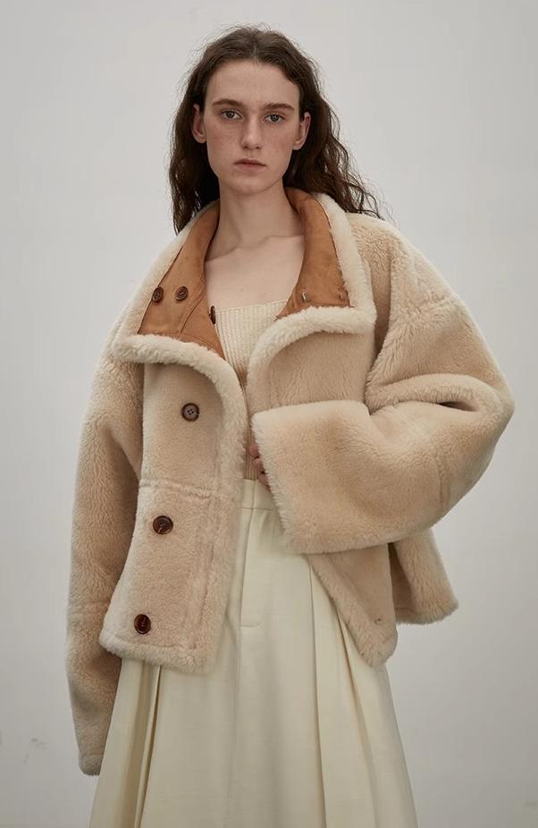 Fireladyfur Women's Faux Leather Shearling Jacket - Long Reversible Wool Coat Christmas Elk Design-4