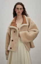 Fireladyfur Women's Faux Leather Shearling Jacket - Long Reversible Wool Coat Christmas Elk Design-4