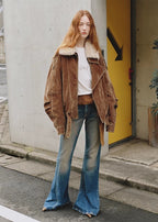 Fireladyfur Women’s Flocked Denim Goose Down Parka with Detachable Fox Fur Collar“City Travel”-3