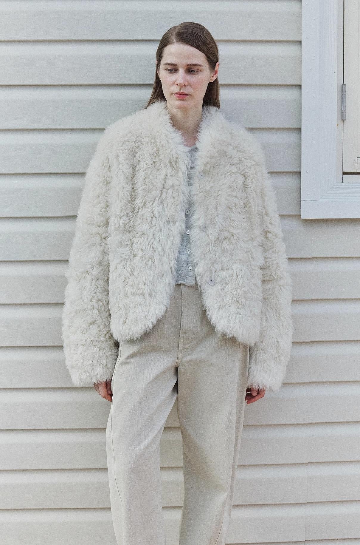 "Yorta" imported Tuscan curly wool upper arc collar sheepskin coat-1