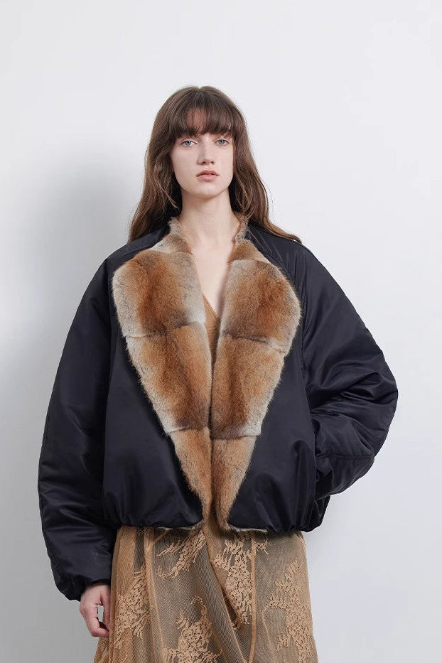Fireladyfur Women’s Short Colorblock Parka with Sable Mink Fur Collar and Goose Down“Hull Contract”-4