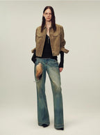 Women's imported first-layer suede sheepskin short autumn leather jacket-4