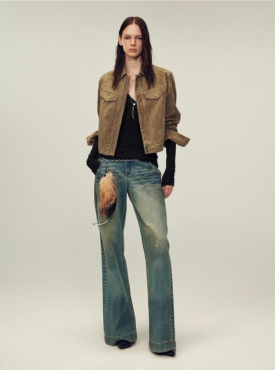 Women's imported first-layer suede sheepskin short autumn leather jacket-4