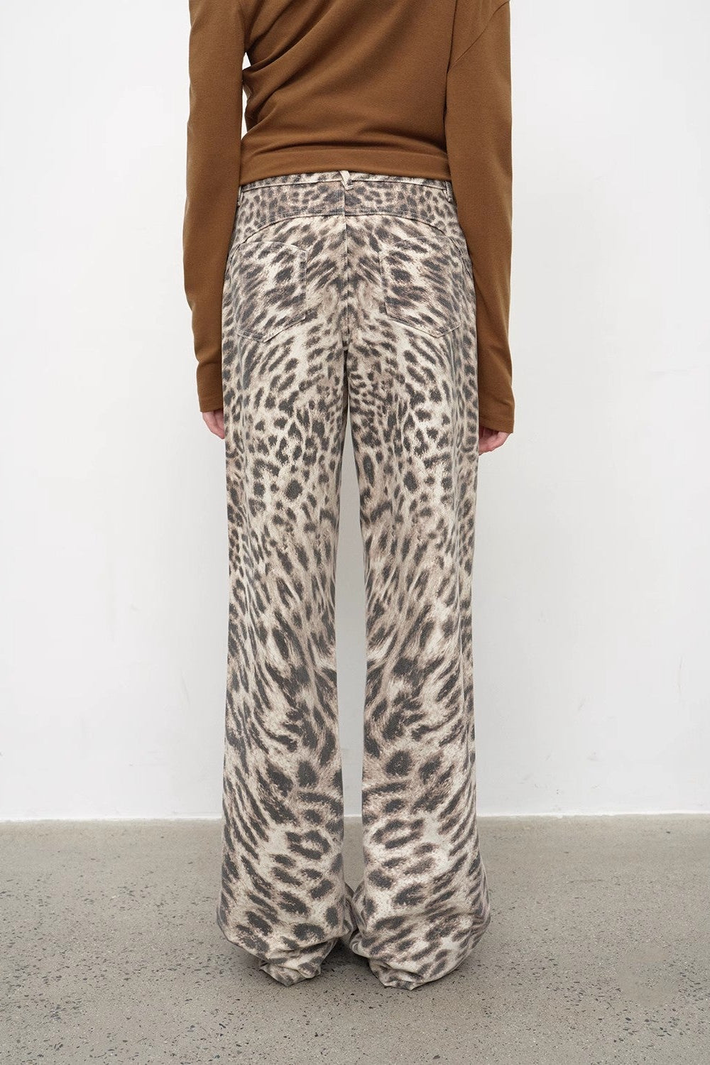 “Wild roar”vintage original leopard print Turkish imported washed slimming straight-leg bootcut jeans-4