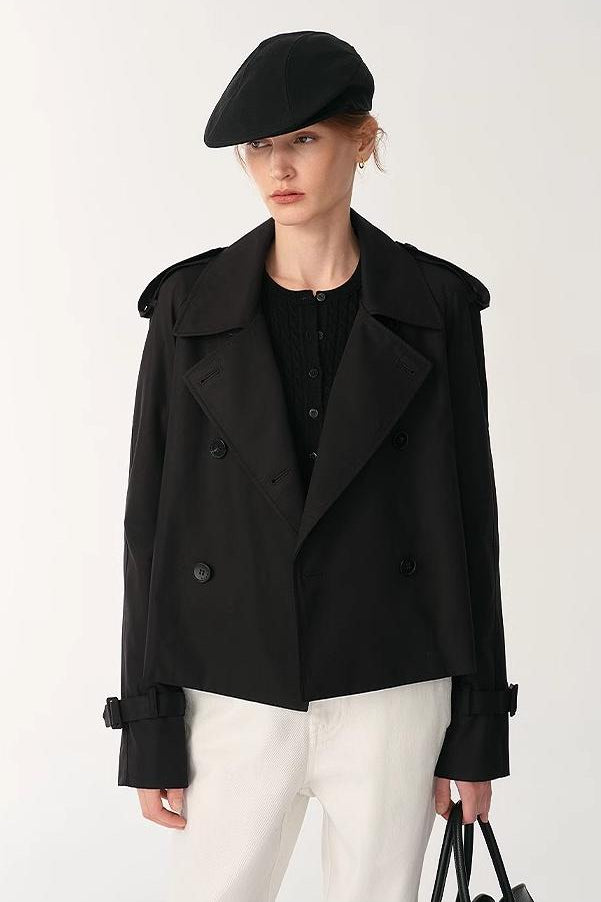 "Night Messenger" anti-wrinkle waterproof large lapel short straight box windbreaker for women-0