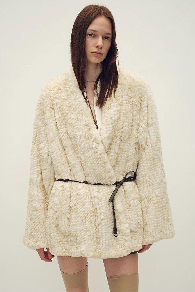 Loose-fitting two-tone gradient-dyed long woven Rex rabbit fur coat "Artistic Weaving"-1