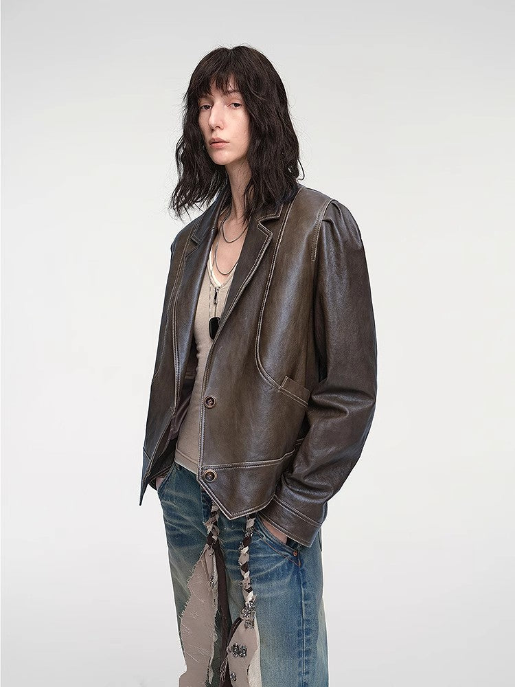 Waxed sheepskin distressed short leather jacket "Vintage Old Stories"