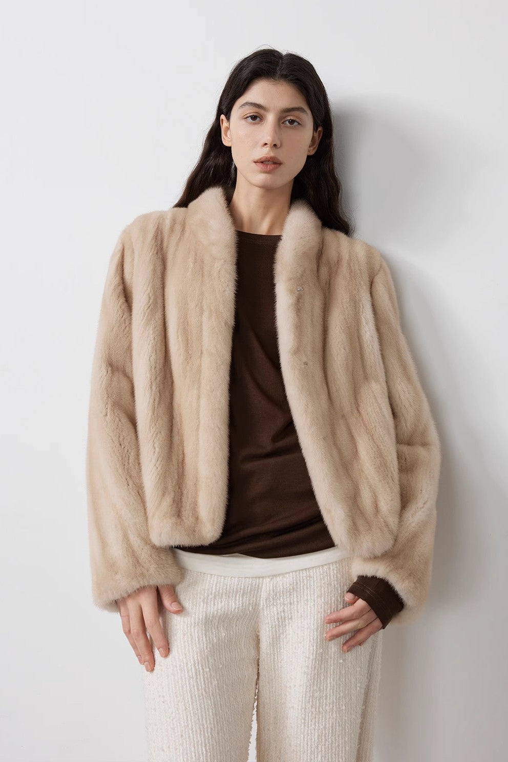 Warm coffee mink retro imported stand collar short mink fur coat-4
