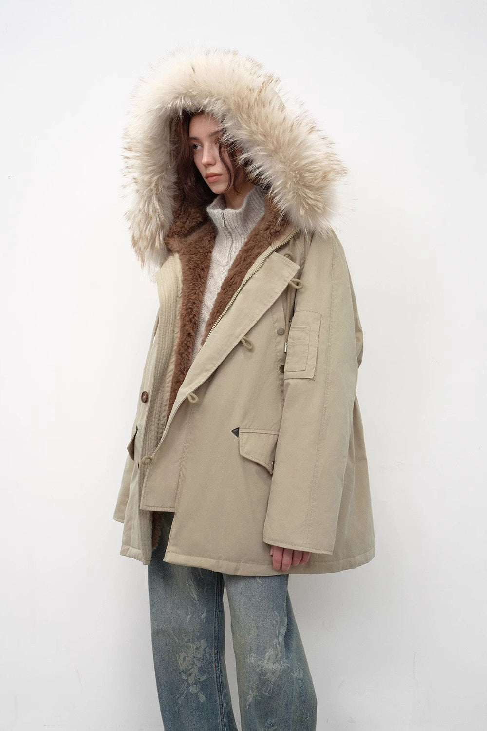 Fireladyfur Women's Shearling Lined Down Parka with Raccoon Fur Collar hood"Coastal Highway II"-4