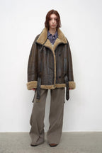 Fireladyfur Women's Shearling Coat - Motorcycle Style Lapel Imported Merino Wool-4