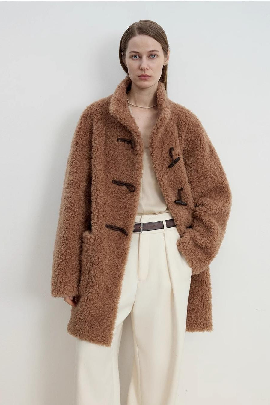 Fireladyfur Women's Faux Leather Shearling Jacket - Stand Collar Wool Coat Curly Style-4