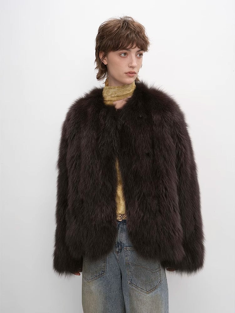 Morning Mist Manor Urban Chic Chicken Heart Collar Drop Shoulder Fox Fur Coat-3