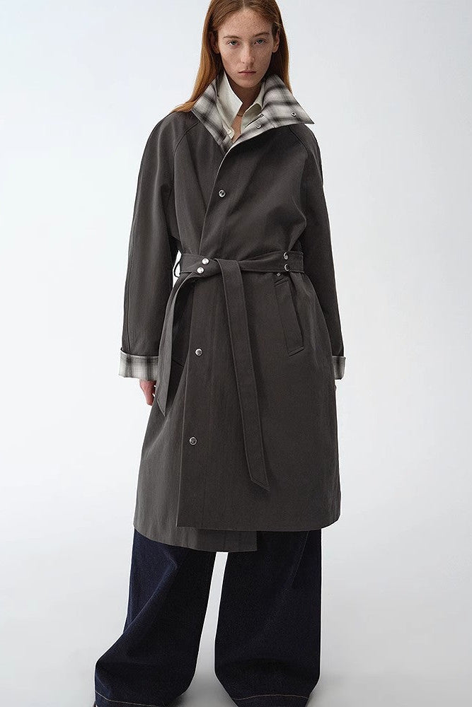 "Urban Island" Retro Plaid Mid-Length Workwear Lapel Trench Coat-1