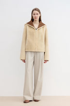 Fireladyfur Women's Faux Leather Shearling Jacket - Wool Suede Navy Collar Coat-4