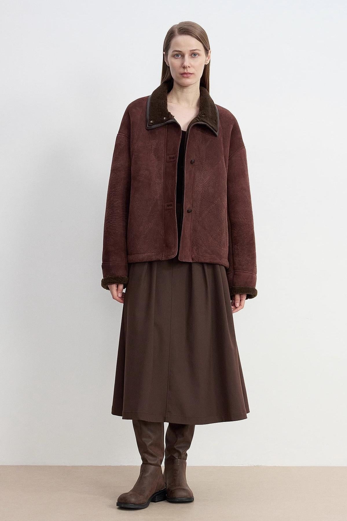 Fireladyfur Women's Shearling Coat - Merino Wool Stand-Up Fur Collar Knight's Contract-1