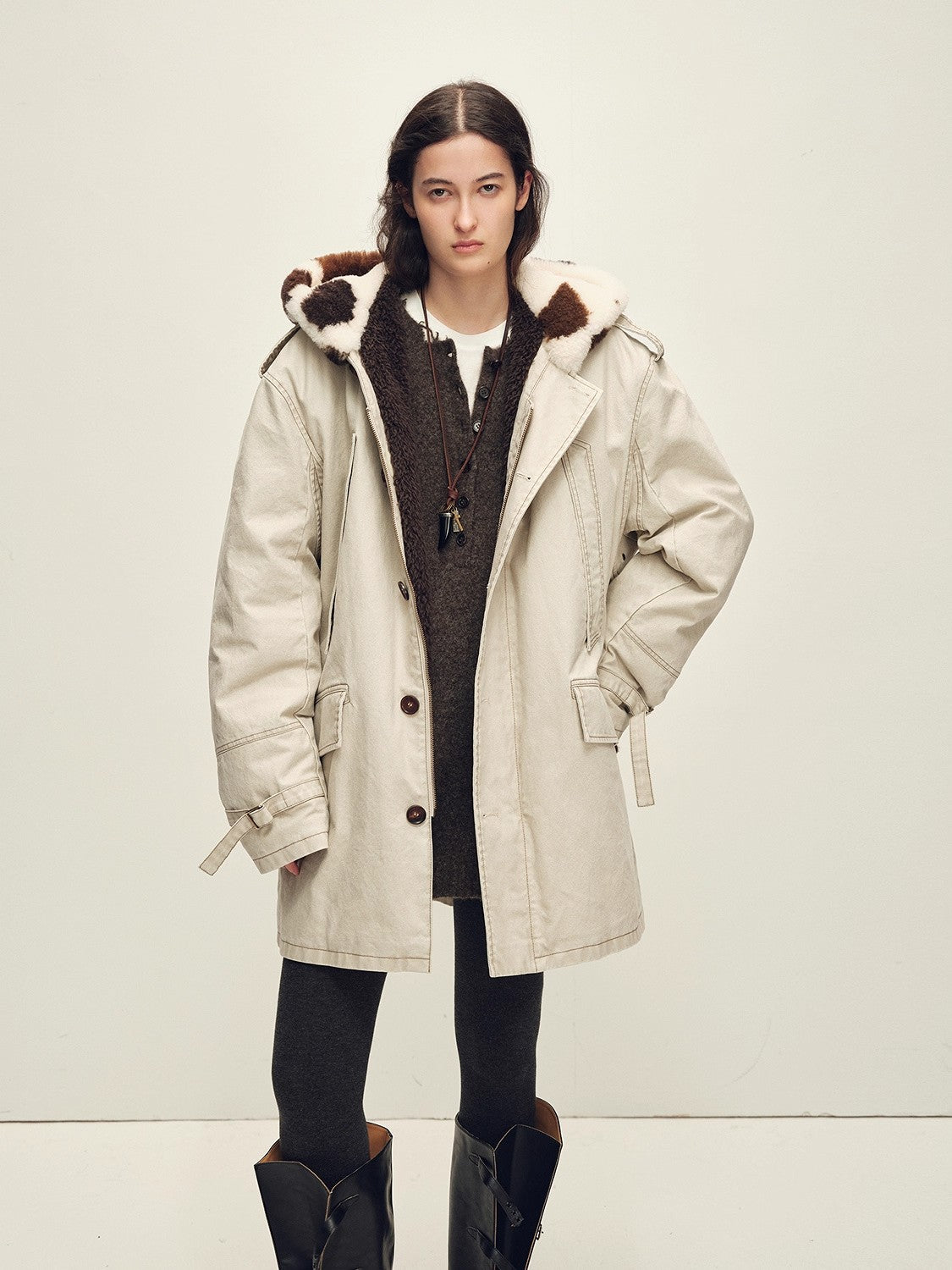 Firelady Fur Women’s Merino Sheepskin Parka with Fur Hood – Real Fur Cow Print Coat"Wild Heartbeat"-4