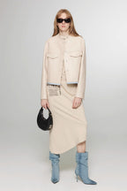 Retro Suede Sheep Leather Short Jacket with Structured Shoulders and Round Neck, Genuine Leather Outerwear "Sunset Escape"-4