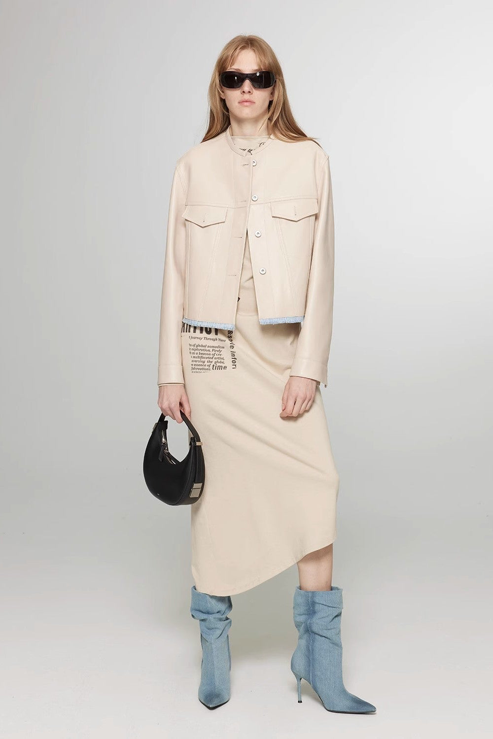 Retro Suede Sheep Leather Short Jacket with Structured Shoulders and Round Neck, Genuine Leather Outerwear "Sunset Escape"-4