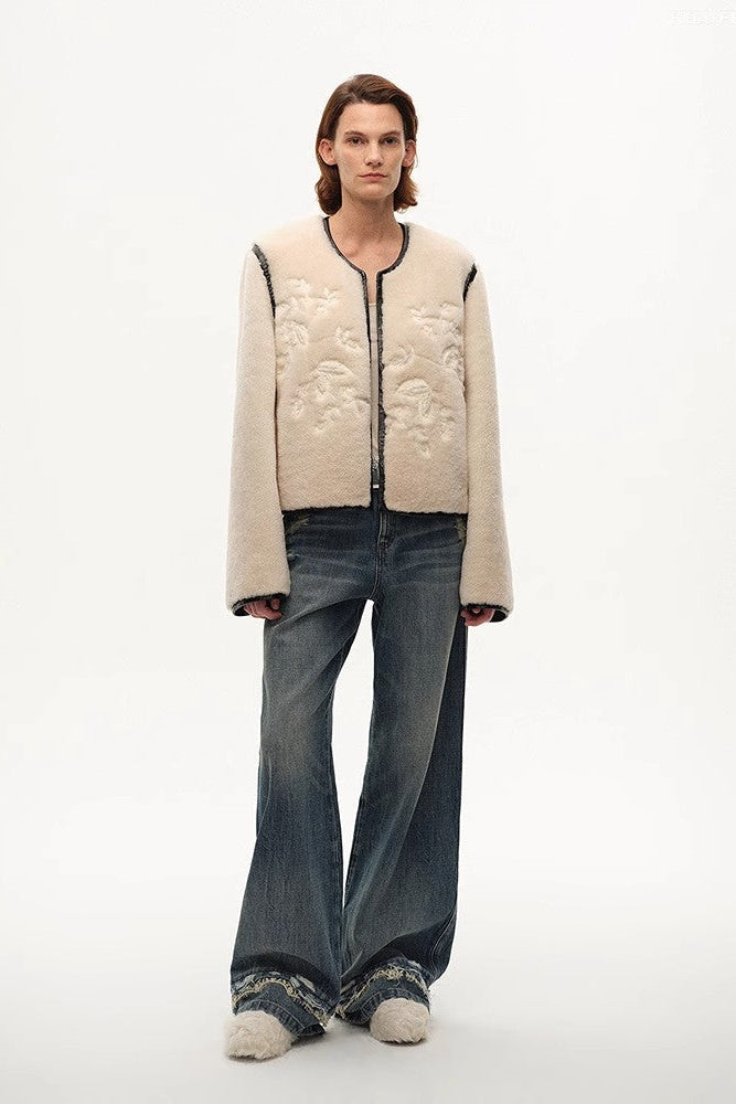 "FF×JW Muse Project" embroidered round neck short merino wool sheepskin fur coat-0