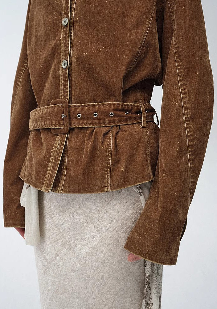 "Haruno Dream" retro distressed flocked denim low waistband long sleeve shirt women's jacket-4