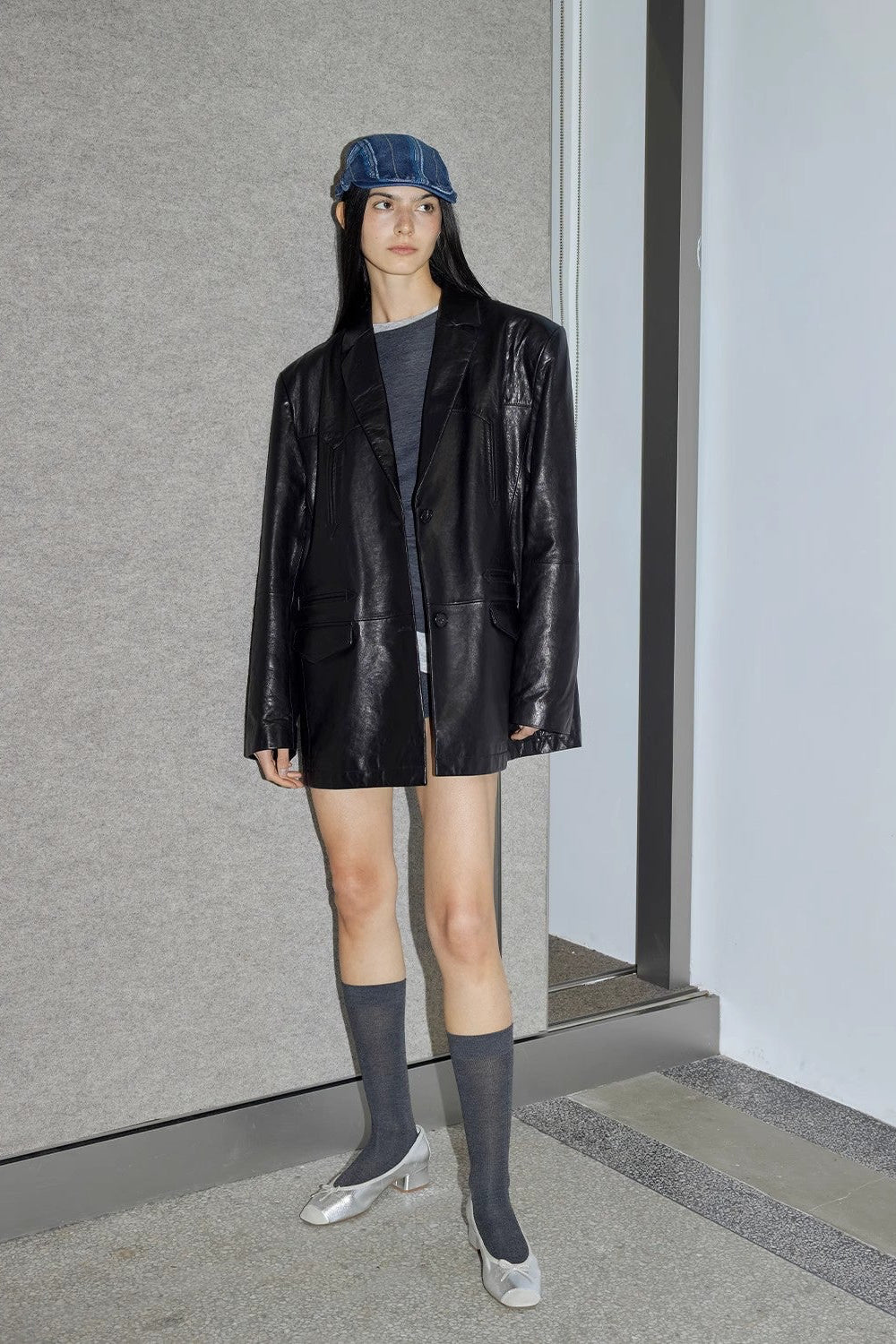 Custom-Dyed Washed Spray-Color Goat Leather Genuine Leather Blazer for Women, Vintage-Finish Leather Jacket “Nostalgic Denim”