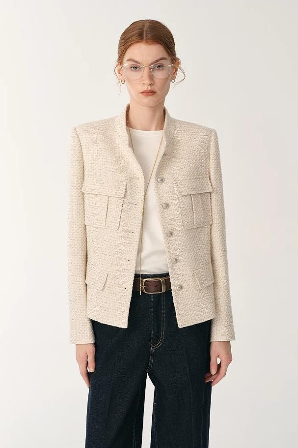 Heavy wool blend tweed stand collar waist cropped coat-2