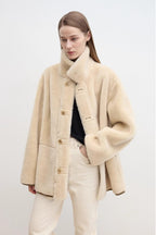 Fireladyfur Women's Faux Leather Shearling Jacket - Casual Furry Lapel Wool Coat-3
