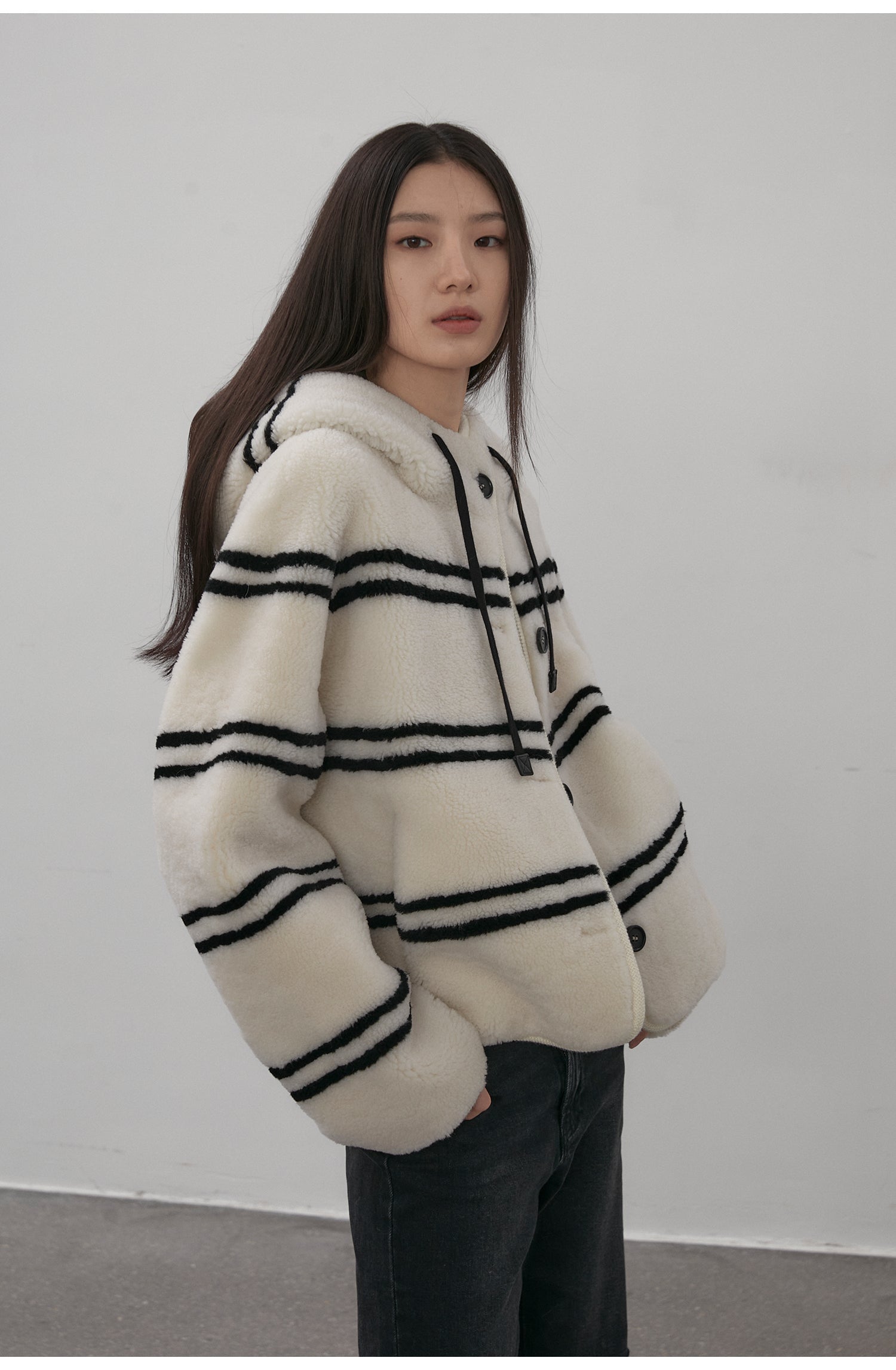 Fireladyfur Women's Lamb Wool Striped Jacket“Snowy New Year”-5