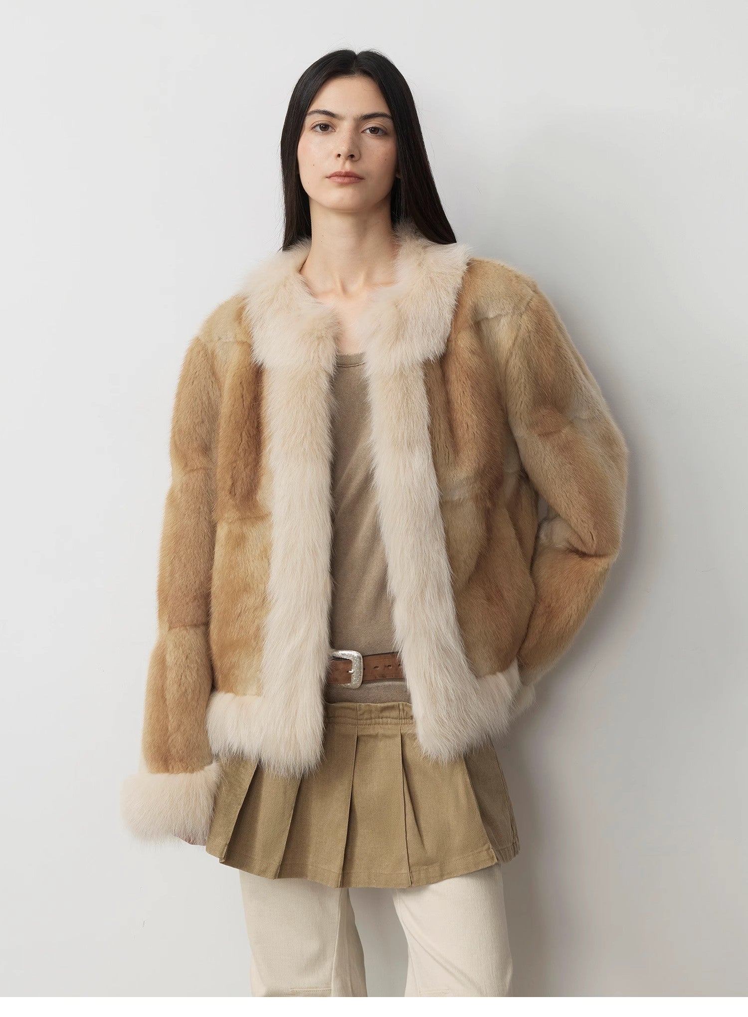 Fireladyfur Women's  Blue Mink & Fox Fur Patchwork Coat "Casual Gene"-1