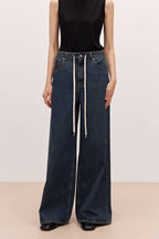 "Retro Blues" fashionable high waist pleated design washed casual wide leg jeans for women-4