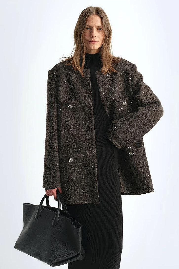 Circle Texture Sequined Wool Tweed Round Neck Long Chanel Style Coat for Women-4